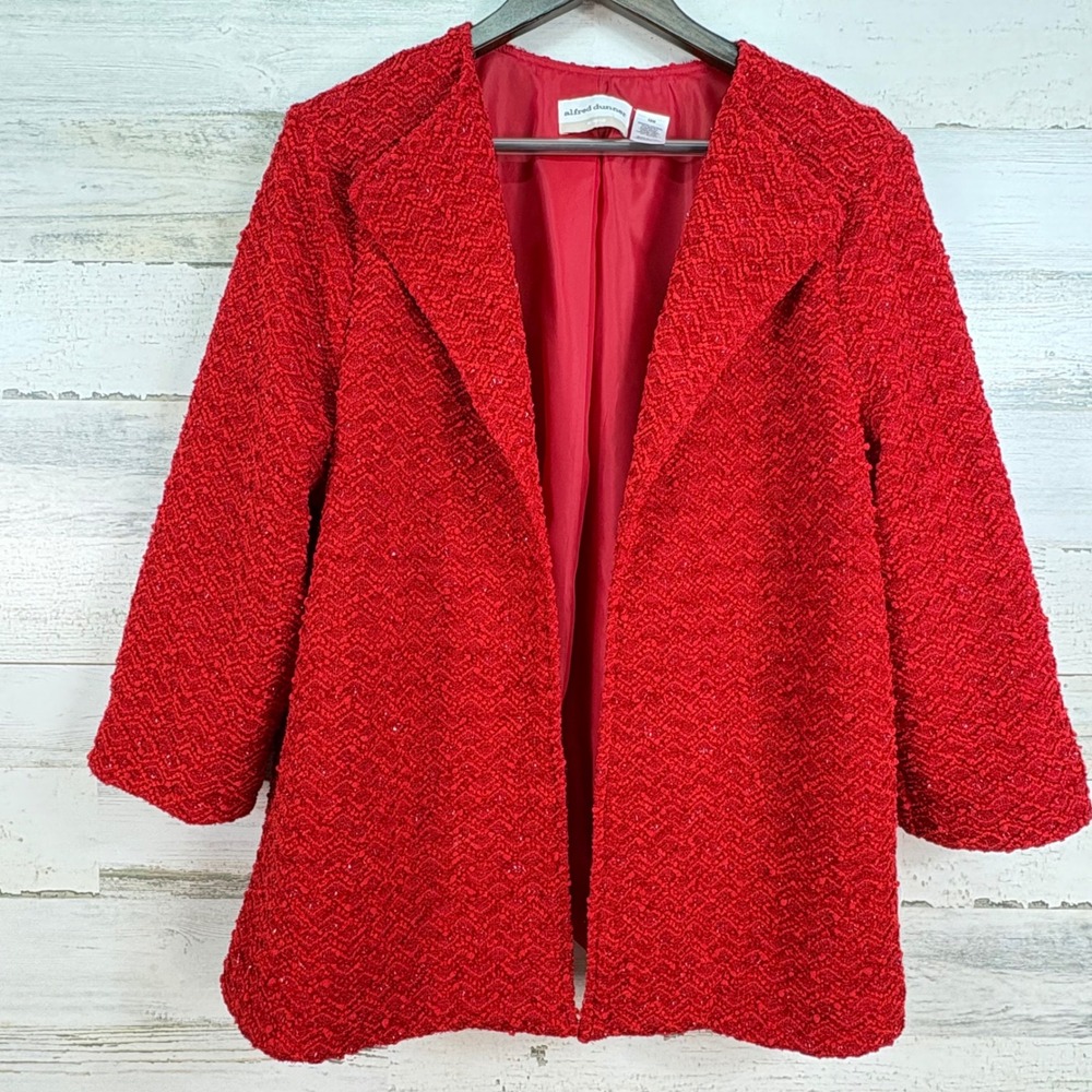 Alfred Dunner Red Textured Sparkle 3/4 Slv Open Front Blazer Jacket Womens 16W